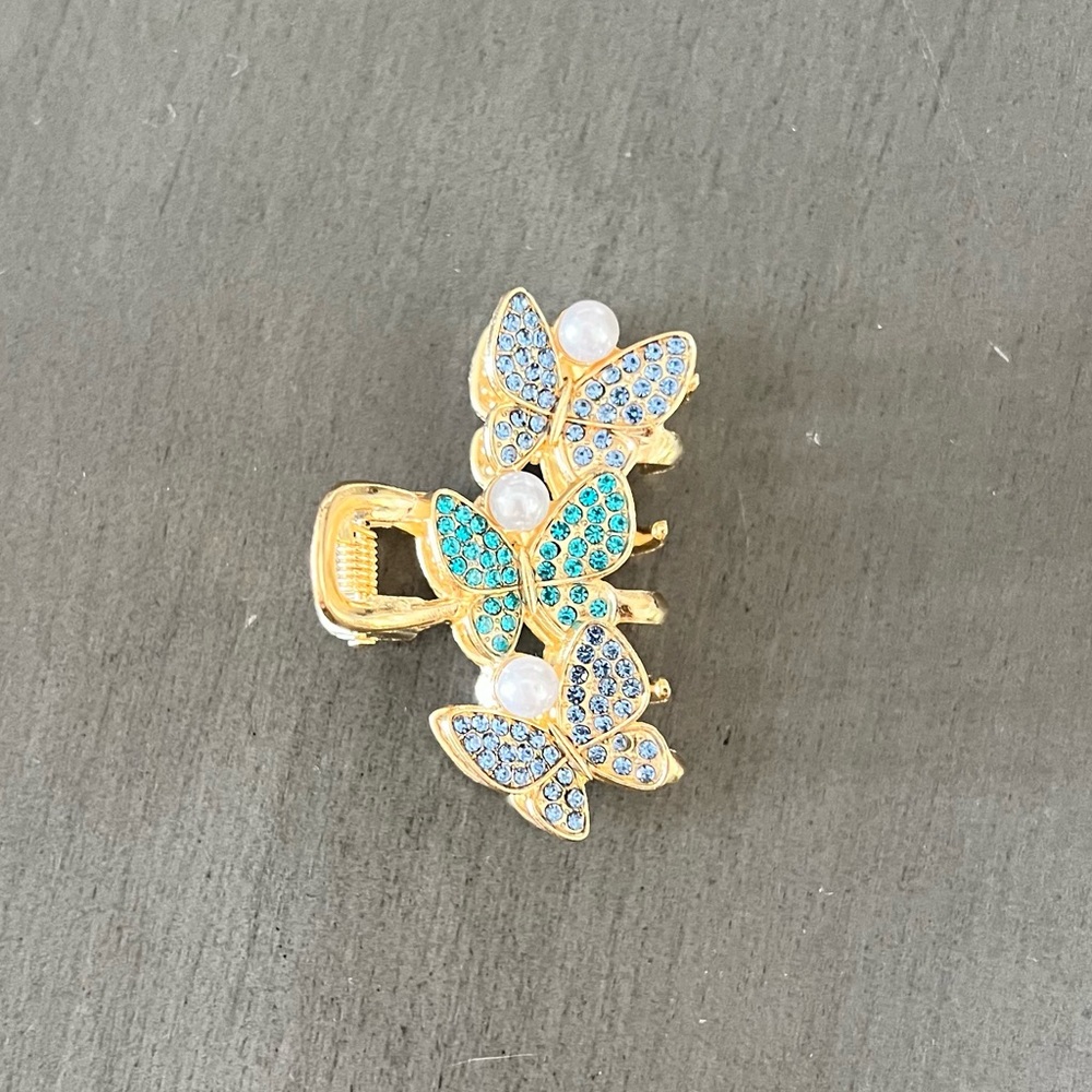 Triple Butterfly Allover Blue Rhinestone & Pearl Gold 2" Lobster Claw Hair Clip